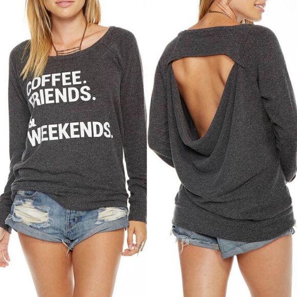 Chaser Gray Open Back Coffee Friends and Weekends Graphic Pullover | Size Small - Picture 1 of 16